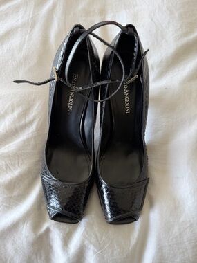 Enzo Angiolini Black Snake-Embossed Peep-Toe Ankle-Tie Heels